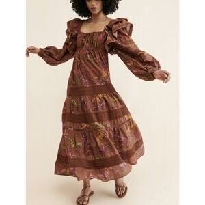 FARM Rio Dotted Horse Tiered Maxi Dress Brown Size S